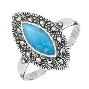 Sterling Silver Turquoise Marcasite Beaded Edge Marquise Ring