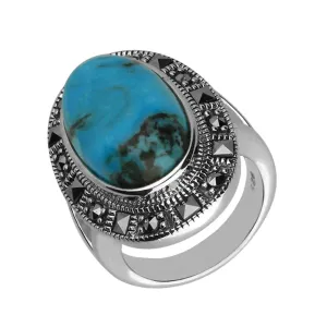 Sterling Silver Turquoise Marcasite Beaded Oval Ring