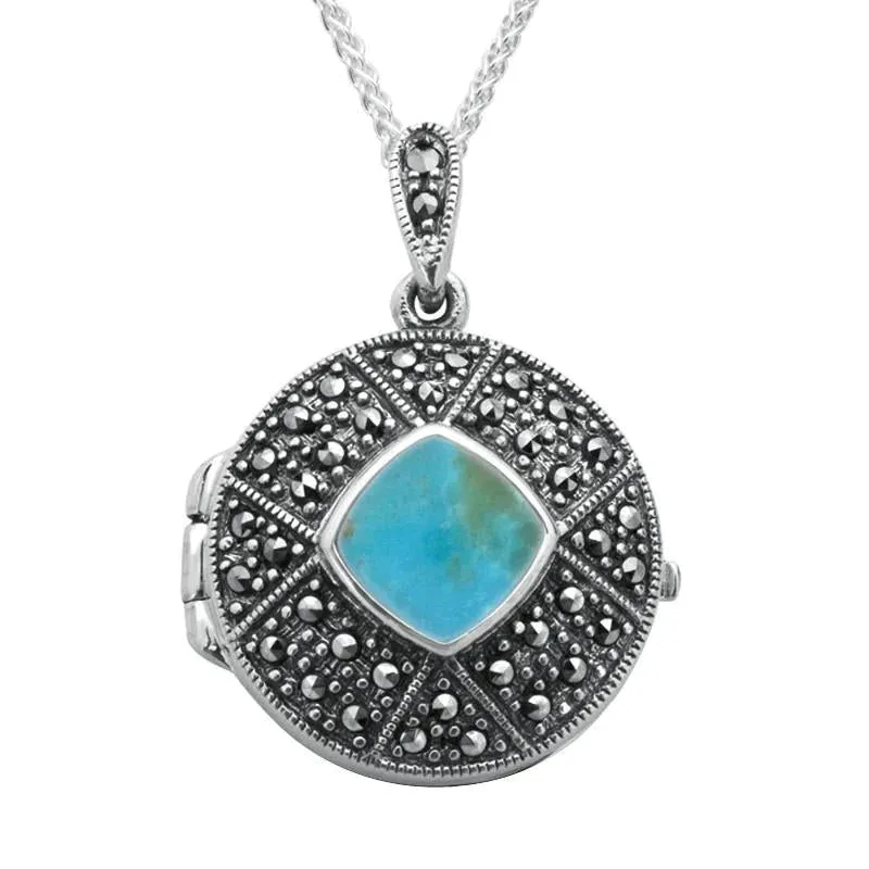 Sterling Silver Turquoise Marcasite Cushion Patterned Locket