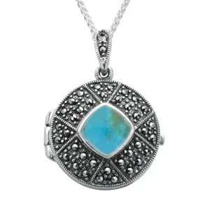 Sterling Silver Turquoise Marcasite Cushion Patterned Locket