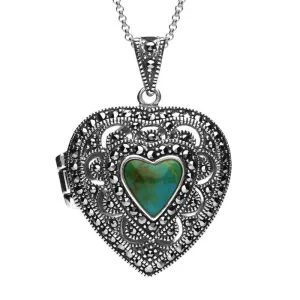 Sterling Silver Turquoise Marcasite Heart Shaped Vintage Style Locket Necklace
