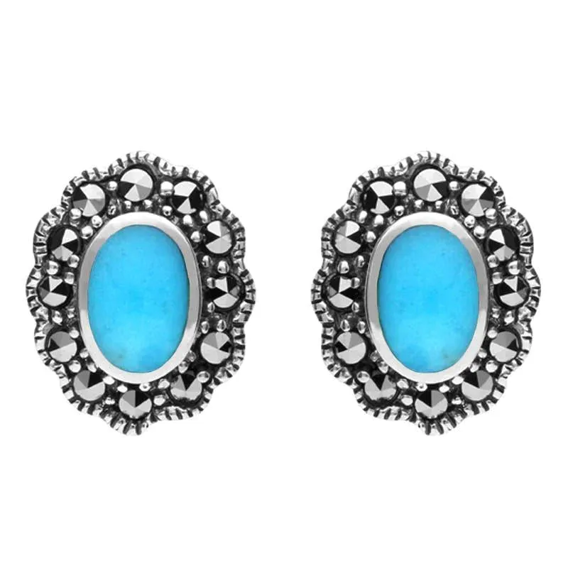 Sterling Silver Turquoise Marcasite Oval Beaded Edge Stud Earrings