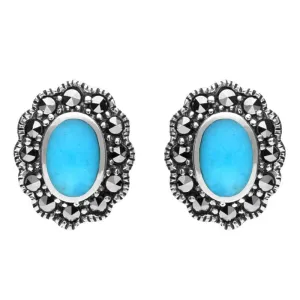 Sterling Silver Turquoise Marcasite Oval Beaded Edge Stud Earrings