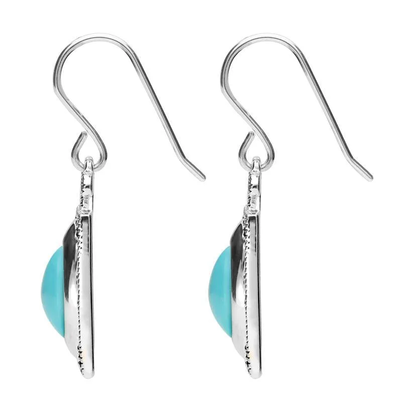 Sterling Silver Turquoise Marcasite Oval Oblong Drop Hook Earrings