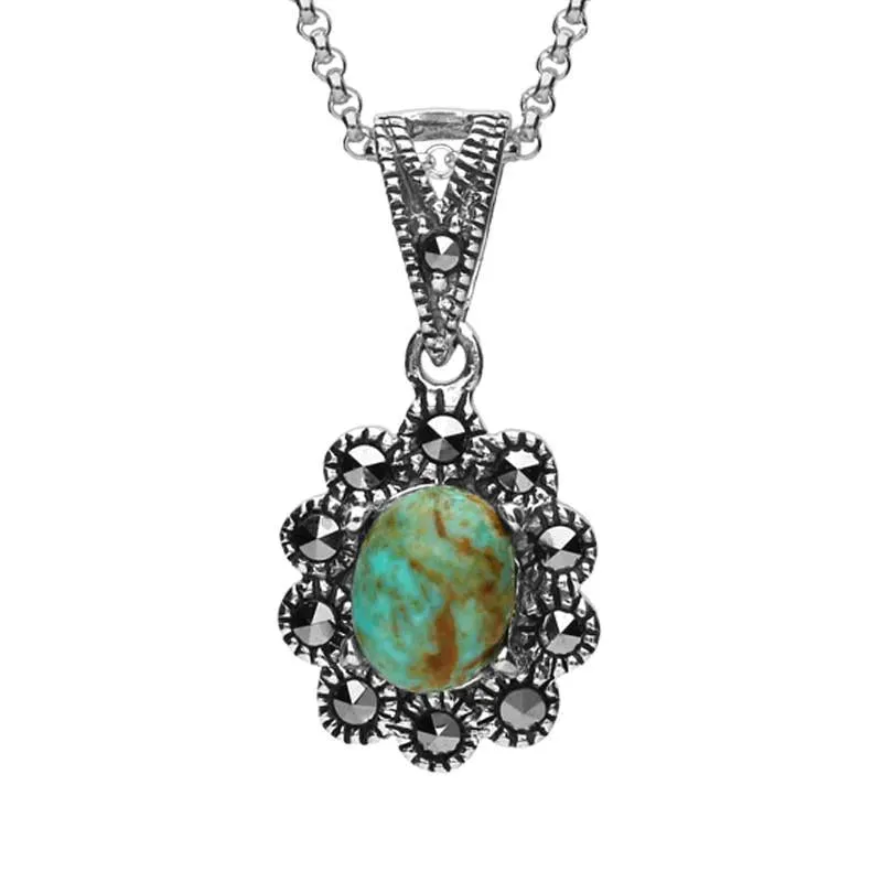 Sterling Silver Turquoise Marcasite Oval Scalloped Edge Necklace