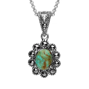 Sterling Silver Turquoise Marcasite Oval Scalloped Edge Necklace