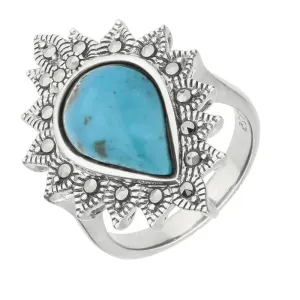Sterling Silver Turquoise Marcasite Pear Bead Edge Ring