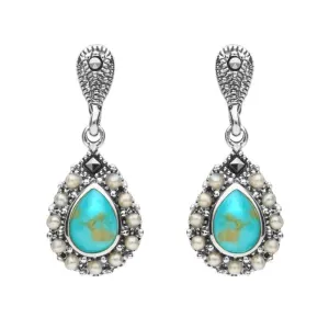 Sterling Silver Turquoise Marcasite Pearl Round Edge Bead Drop Earrings