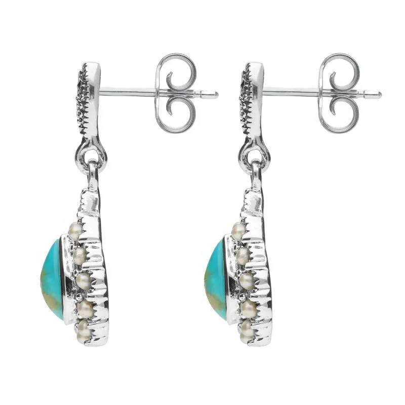 Sterling Silver Turquoise Marcasite Pearl Round Edge Bead Drop Earrings