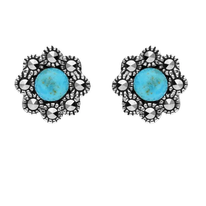 Sterling Silver Turquoise Marcasite Round Bead Edge Two Piece Set
