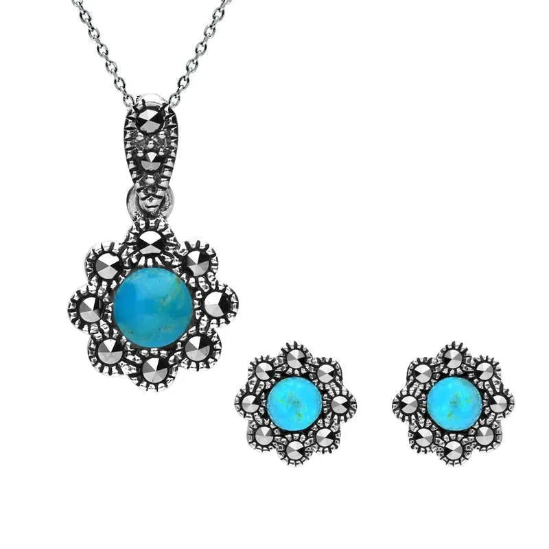 Sterling Silver Turquoise Marcasite Round Bead Edge Two Piece Set