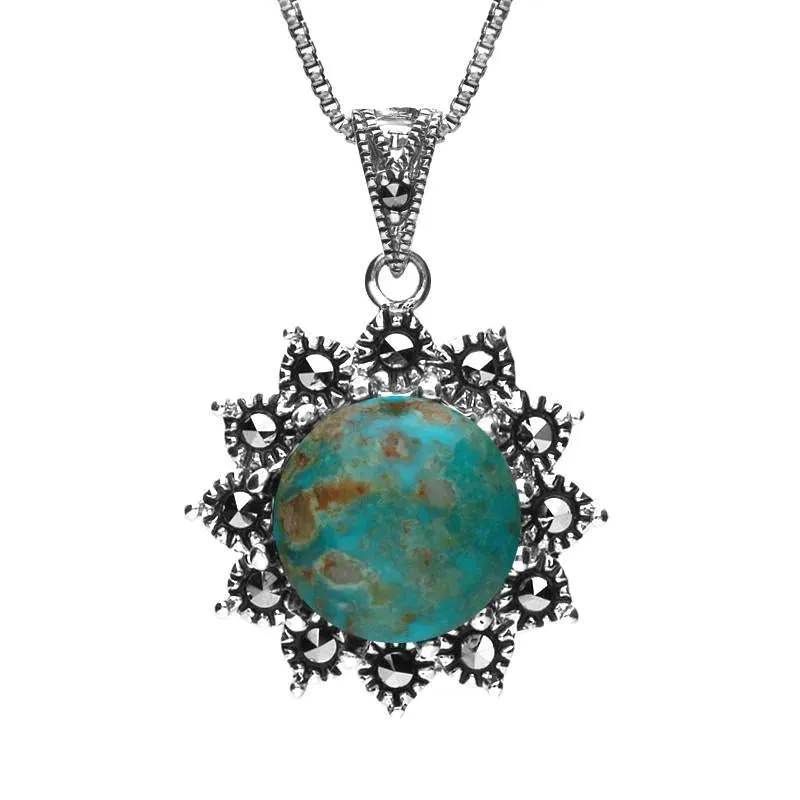 Sterling Silver Turquoise Marcasite Round Floral Necklace