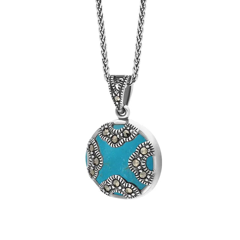 Sterling Silver Turquoise Marcasite Round Four Arc Necklace