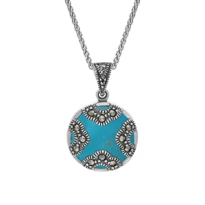 Sterling Silver Turquoise Marcasite Round Four Arc Necklace