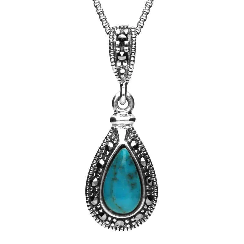 Sterling Silver Turquoise Marcasite Small Beaded Pear Necklace