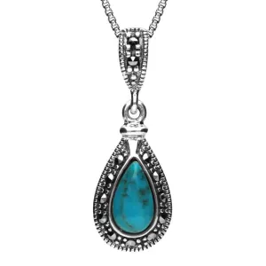 Sterling Silver Turquoise Marcasite Small Beaded Pear Necklace