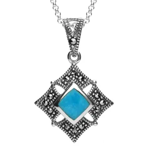 Sterling Silver Turquoise Marcasite Square Necklace