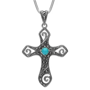 Sterling Silver Turquoise Marcasite Swirl Cross Necklace