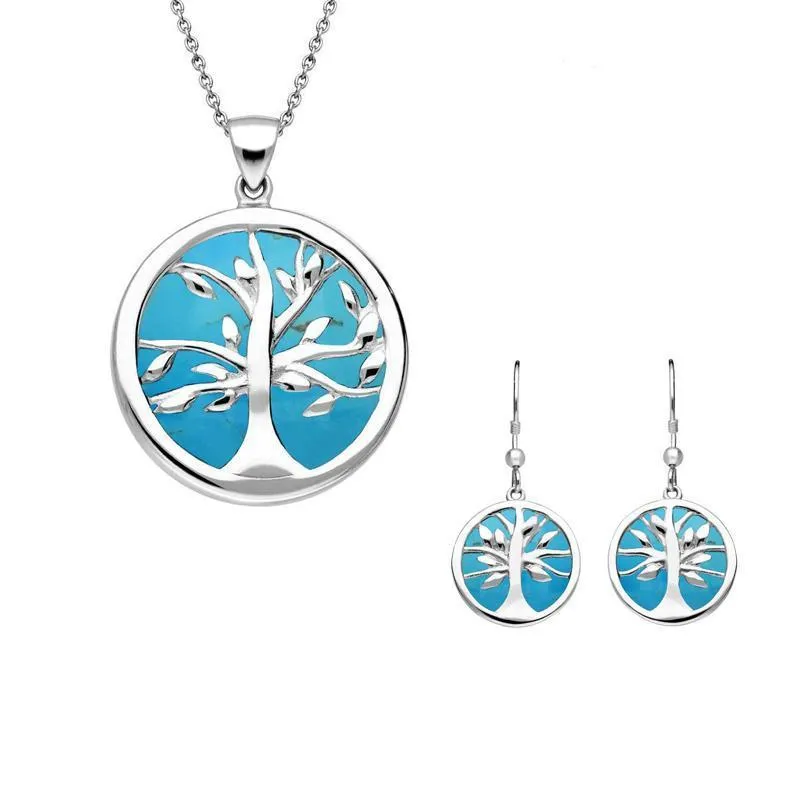 Sterling Silver Turquoise Medium Round Tree of Life Two Piece Set