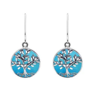 Sterling Silver Turquoise Round Large Tree of Life Leaves Drop Earrings