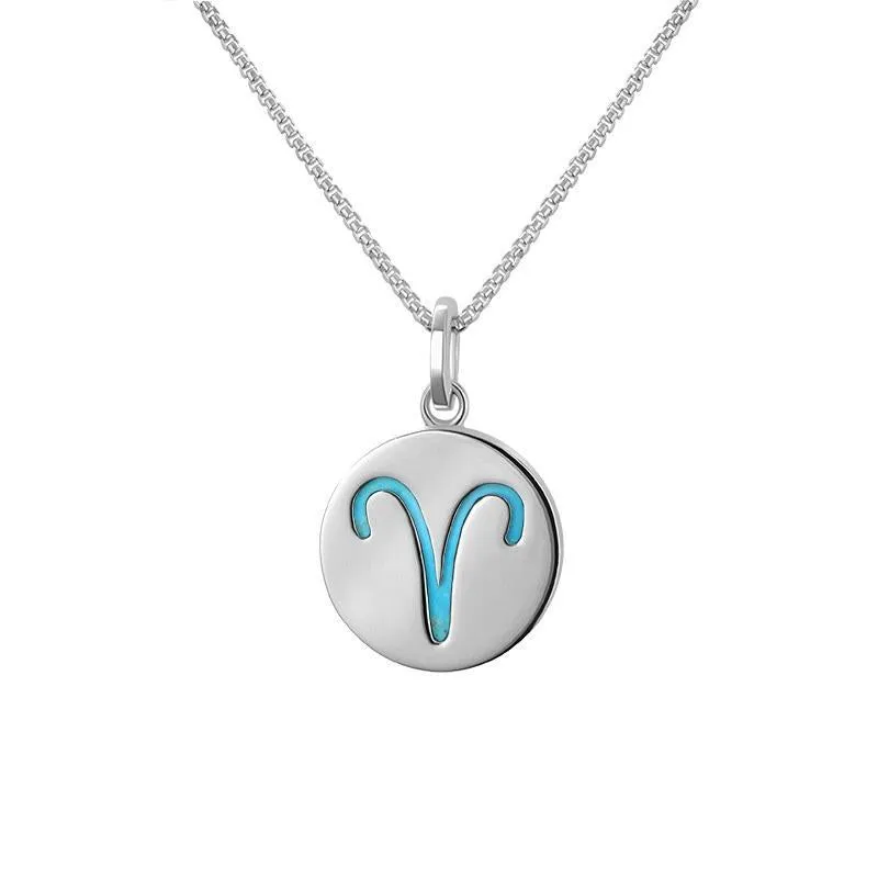 Sterling Silver Turquoise  Zodiac Aries Round Necklace
