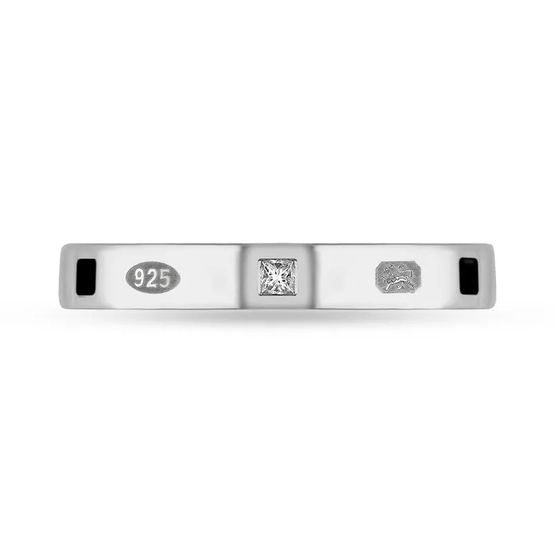 Sterling Silver Whitby Jet 0.05ct Diamond Queen's Jubilee Hallmark Princess Cut 3mm Ring D