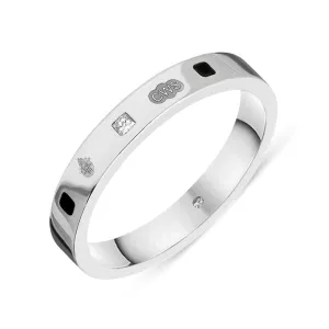 Sterling Silver Whitby Jet 0.05ct Diamond Queen's Jubilee Hallmark Princess Cut 3mm Ring D