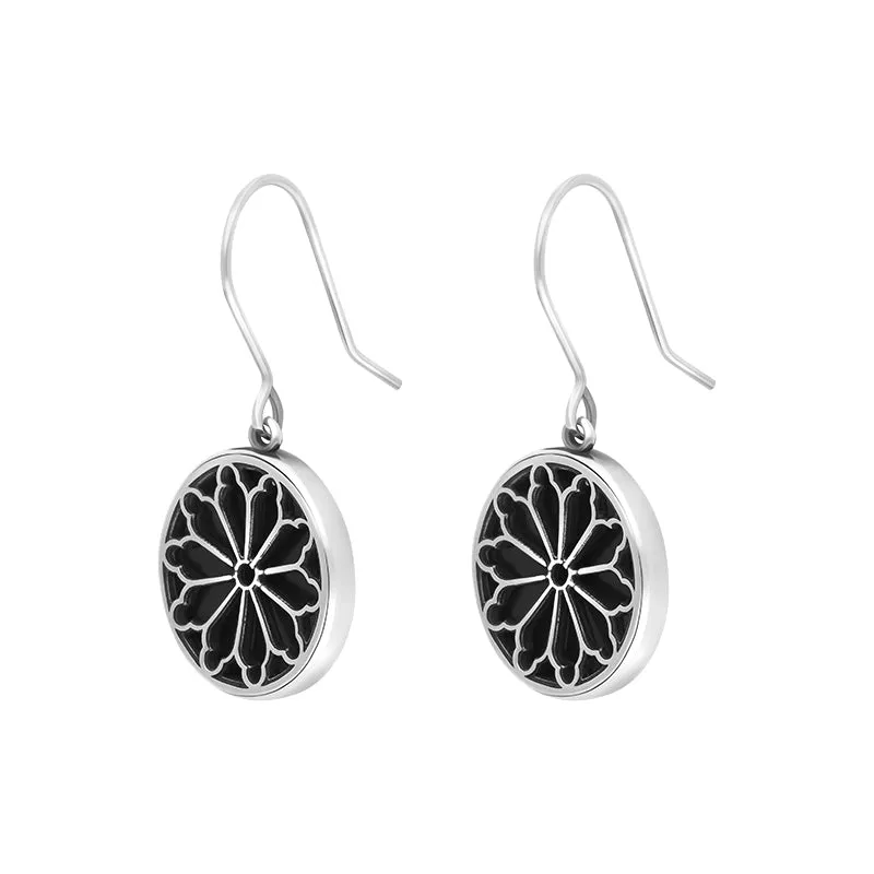 Sterling Silver Whitby Jet Abbey Round Window Drop Earrings
