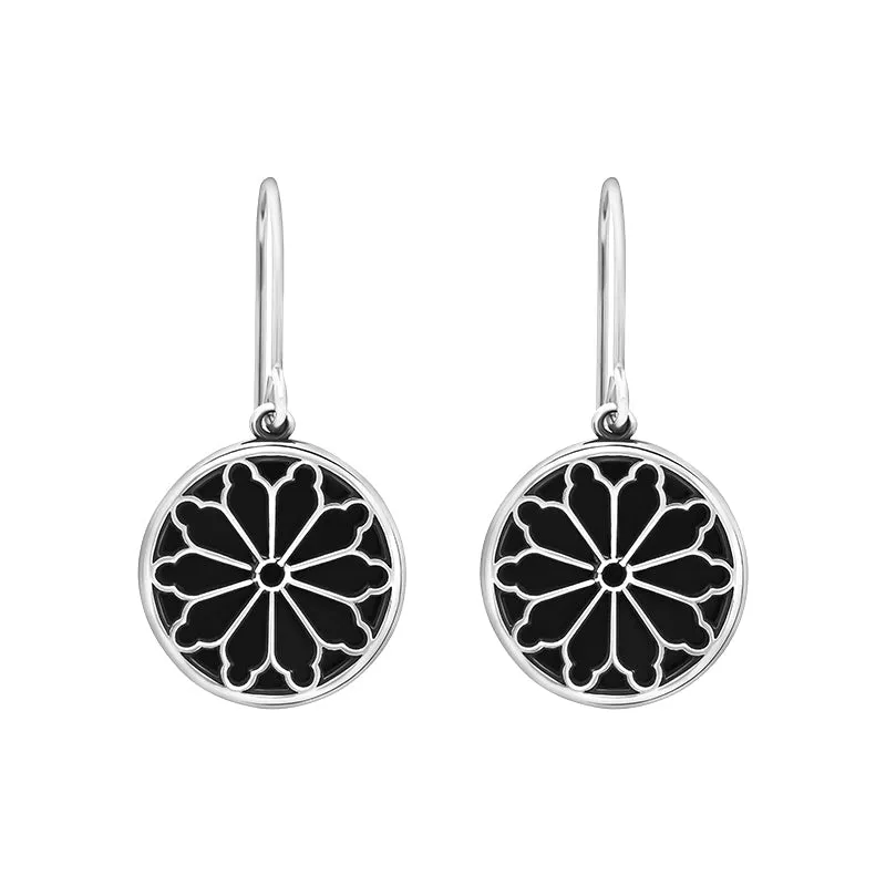 Sterling Silver Whitby Jet Abbey Round Window Drop Earrings