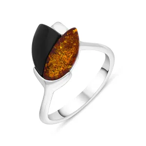 Sterling Silver Whitby Jet Amber 2 Stone Leaf Ring