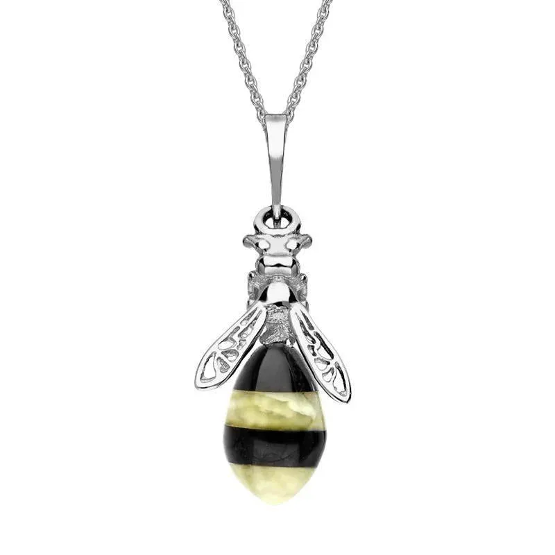 Sterling Silver Whitby Jet Amber Bee Drop Necklace
