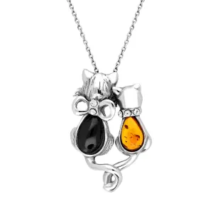 Sterling Silver Whitby Jet Amber Cat Necklace