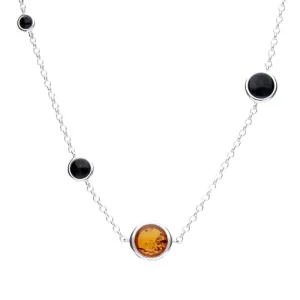 Sterling Silver Whitby Jet Amber Round Stone Necklace