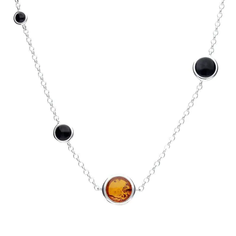 Sterling Silver Whitby Jet Amber Round Stone Necklace