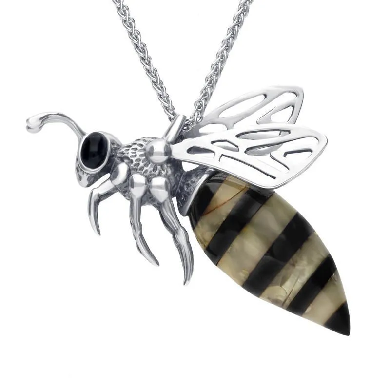 Sterling Silver Whitby Jet Amber Small Bee Necklace