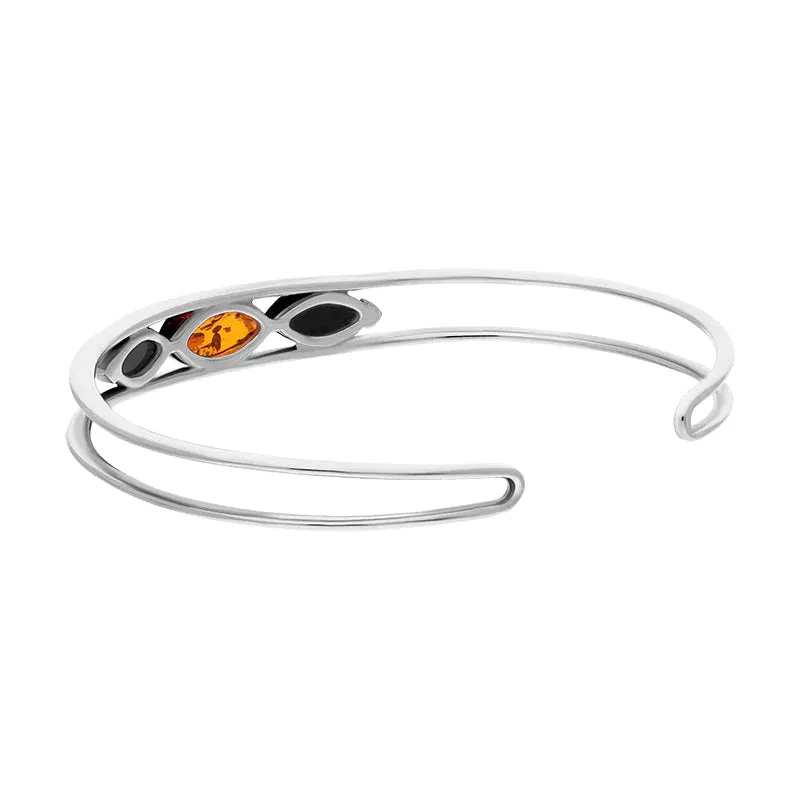 Sterling Silver Whitby Jet Amber Three Stone Marquise Cuff Bangle