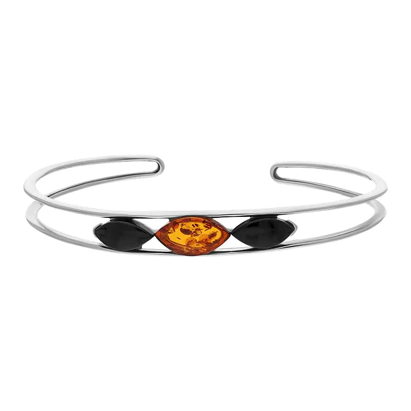Sterling Silver Whitby Jet Amber Three Stone Marquise Cuff Bangle