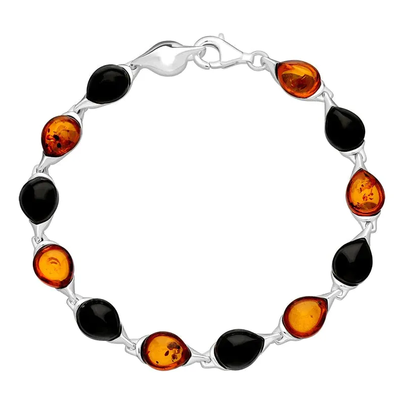 Sterling Silver Whitby Jet Amber Twelve Stone Pear Shaped Bracelet