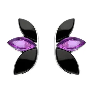 Sterling Silver Whitby Jet Amethyst Three Leaf Stud Earrings