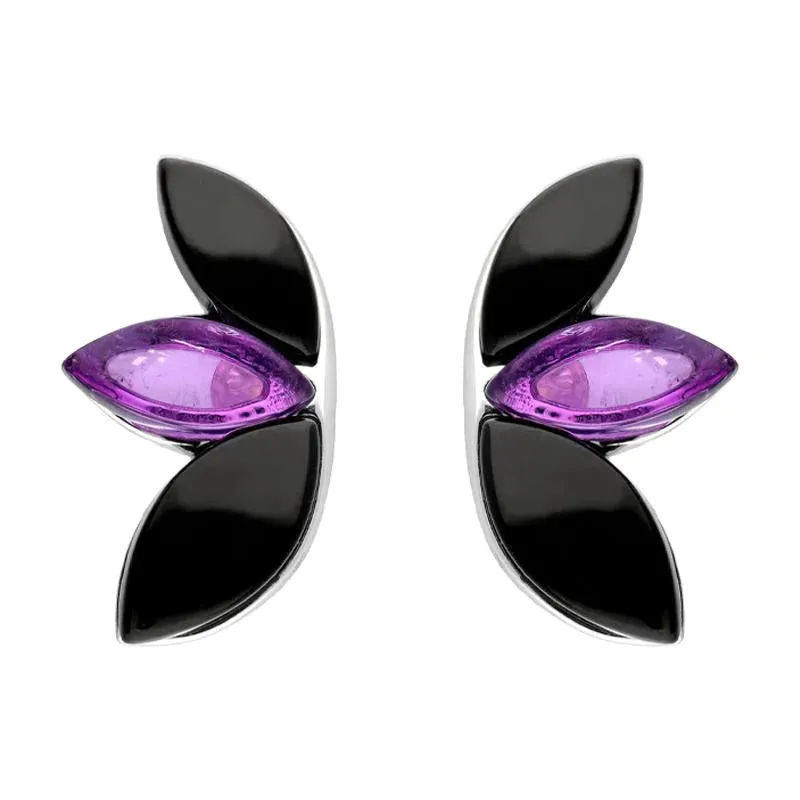 Sterling Silver Whitby Jet Amethyst Three Leaf Stud Earrings