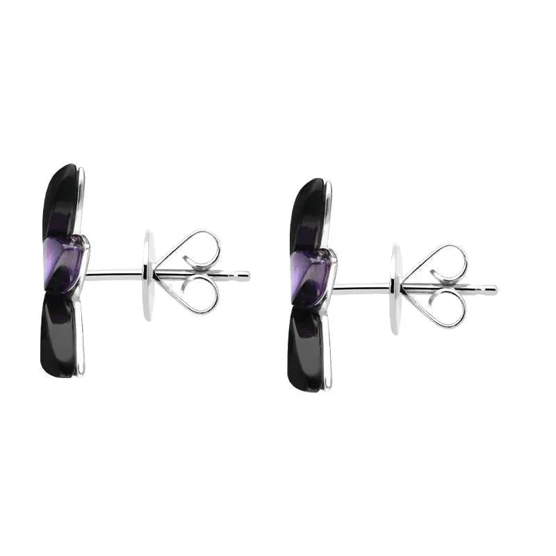 Sterling Silver Whitby Jet Amethyst Three Leaf Stud Earrings