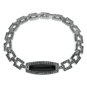 Sterling Silver Whitby Jet & Marcasite Oblong Curved Link Bracelet