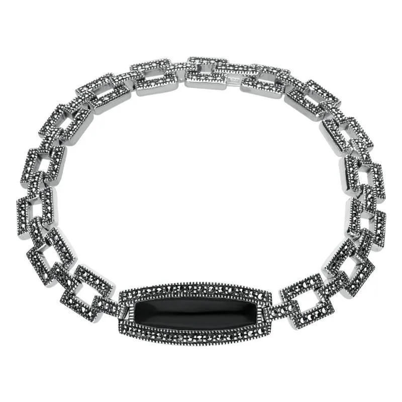 Sterling Silver Whitby Jet & Marcasite Oblong Curved Link Bracelet