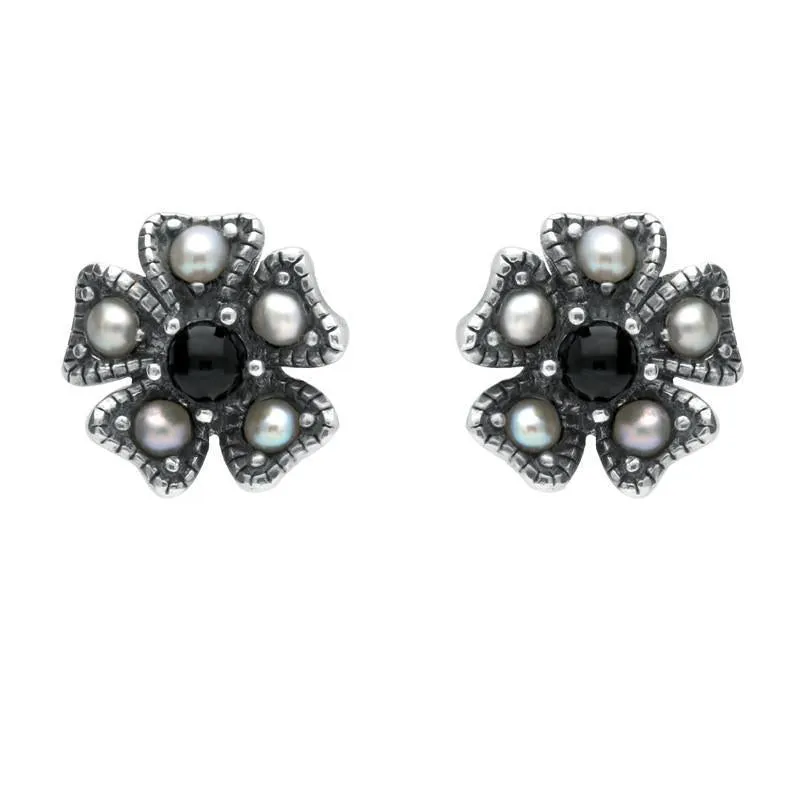Sterling Silver Whitby Jet & Pearl 5 Petal Stud Earrings