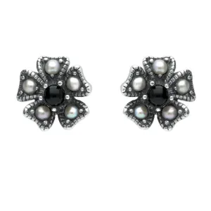 Sterling Silver Whitby Jet & Pearl 5 Petal Stud Earrings