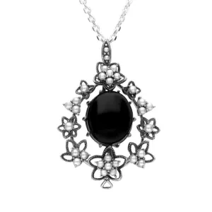 Sterling Silver Whitby Jet & Pearl Edge Flower Necklace