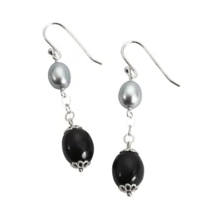 Sterling Silver Whitby Jet & Pearl Medium Oval Bead Drop Earrings