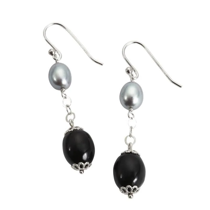 Sterling Silver Whitby Jet & Pearl Medium Oval Bead Drop Earrings