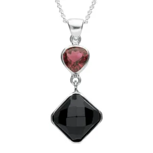 Sterling Silver Whitby Jet & Pink Tourmaline Faceted Square Necklace