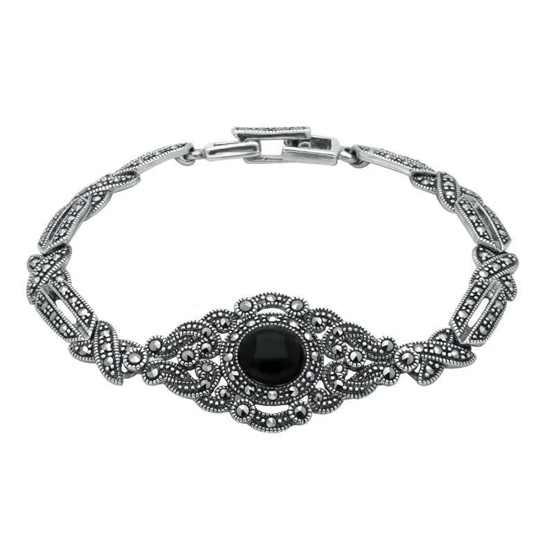 Sterling Silver Whitby Jet and Marcasite Fancy Tapered Bracelet